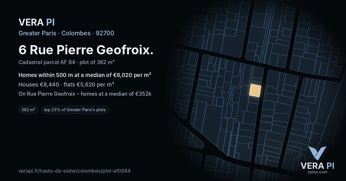 6 Rue Pierre Geofroix, Colombes at night – the plot lit, the parcels around coloured by the prices near them