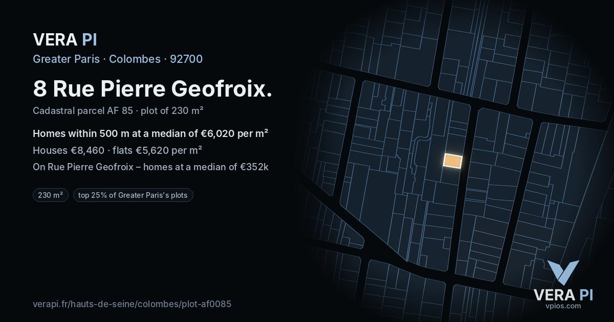 8 Rue Pierre Geofroix, Colombes at night – the plot lit, the parcels around coloured by the prices near them