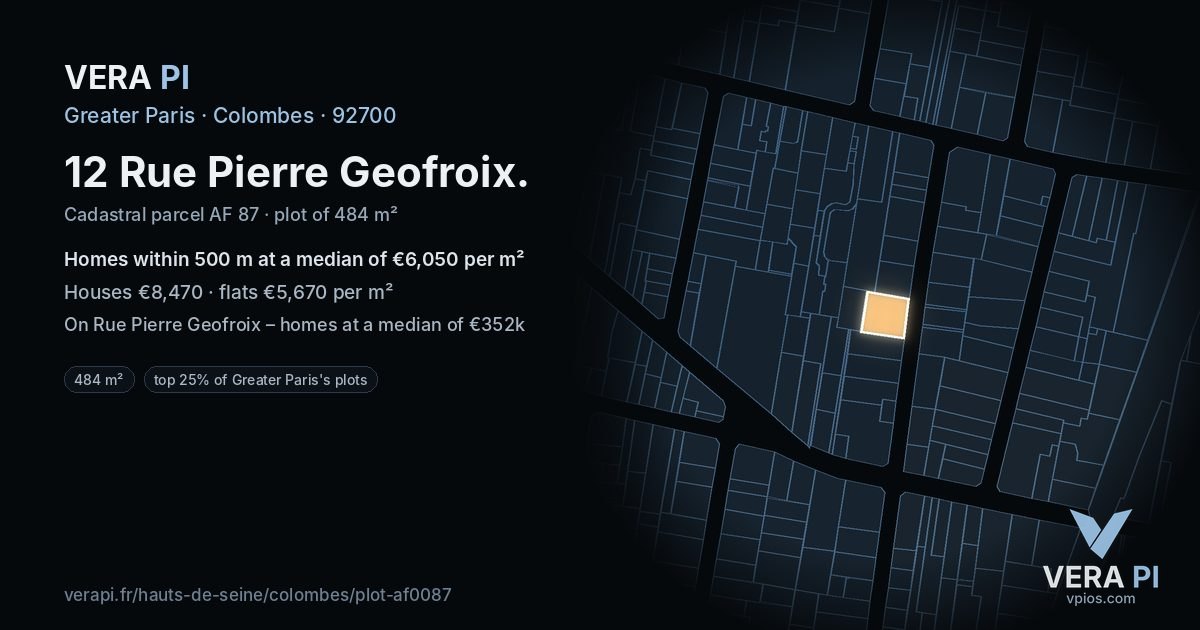 12 Rue Pierre Geofroix, Colombes at night – the plot lit, the parcels around coloured by the prices near them