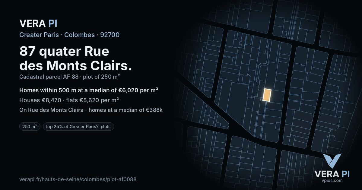 87 quater Rue des Monts Clairs, Colombes at night – the plot lit, the parcels around coloured by the prices near them