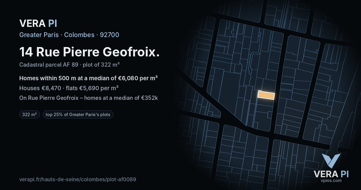 14 Rue Pierre Geofroix, Colombes at night – the plot lit, the parcels around coloured by the prices near them