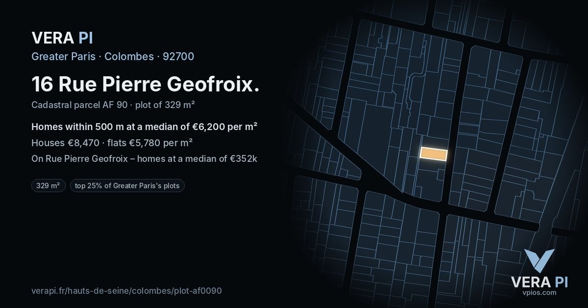 16 Rue Pierre Geofroix, Colombes at night – the plot lit, the parcels around coloured by the prices near them