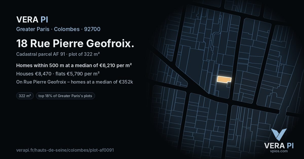 18 Rue Pierre Geofroix, Colombes at night – the plot lit, the parcels around coloured by the prices near them