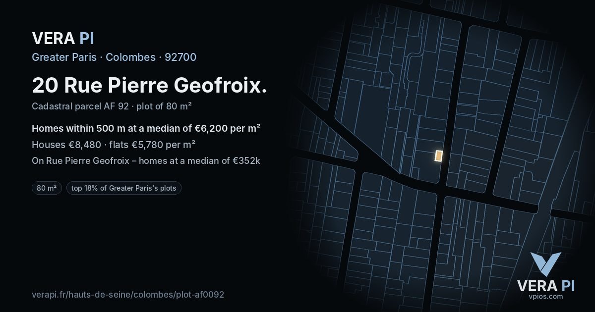20 Rue Pierre Geofroix, Colombes at night – the plot lit, the parcels around coloured by the prices near them