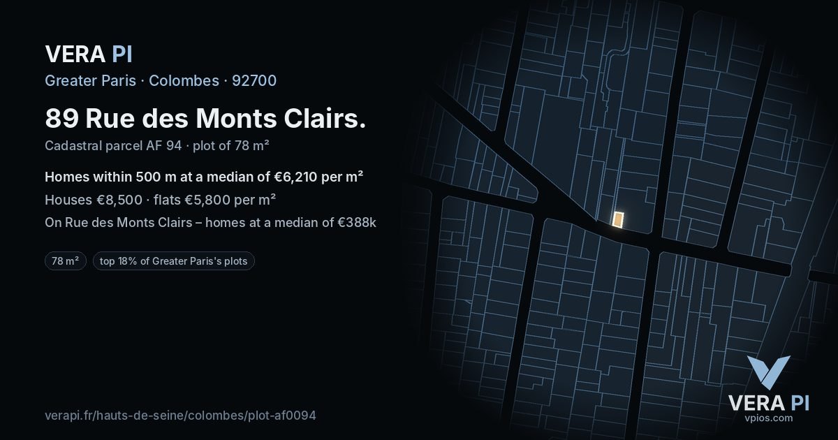 89 Rue des Monts Clairs, Colombes at night – the plot lit, the parcels around coloured by the prices near them