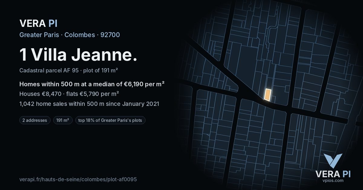 1 Villa Jeanne, Colombes at night – the plot lit, the parcels around coloured by the prices near them