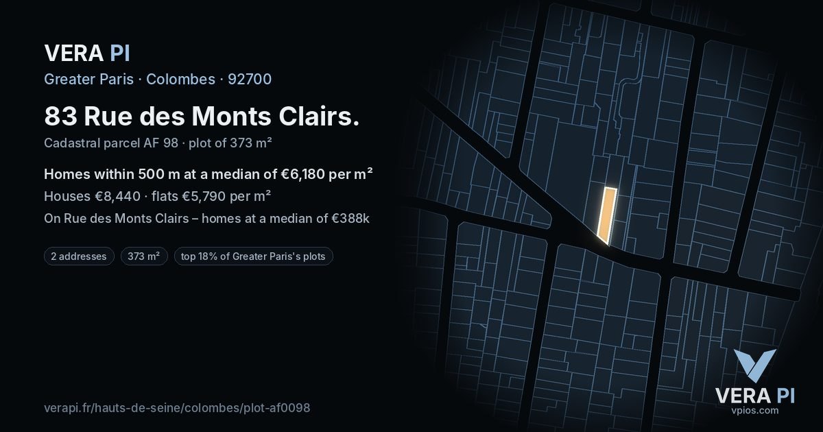 83 Rue des Monts Clairs, Colombes at night – the plot lit, the parcels around coloured by the prices near them