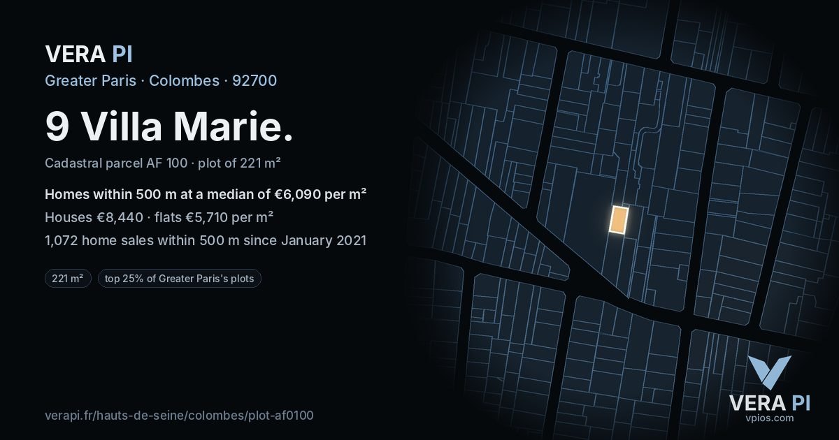 9 Villa Marie, Colombes at night – the plot lit, the parcels around coloured by the prices near them