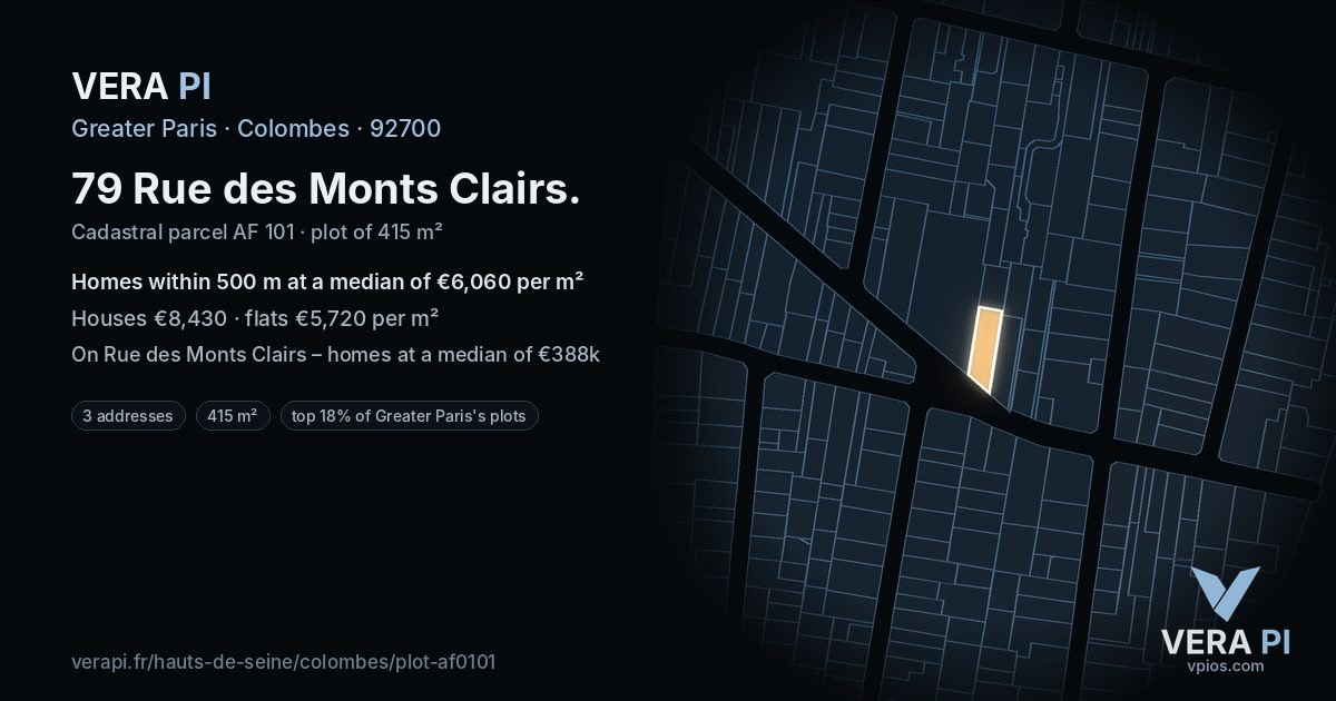 79 Rue des Monts Clairs, Colombes at night – the plot lit, the parcels around coloured by the prices near them