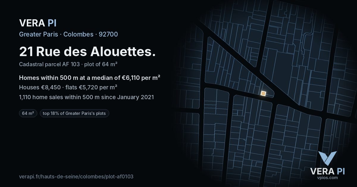 21 Rue des Alouettes, Colombes at night – the plot lit, the parcels around coloured by the prices near them