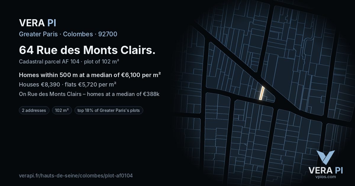 64 Rue des Monts Clairs, Colombes at night – the plot lit, the parcels around coloured by the prices near them
