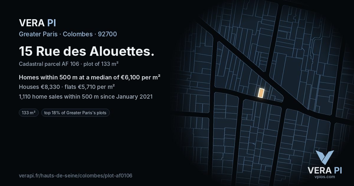 15 Rue des Alouettes, Colombes at night – the plot lit, the parcels around coloured by the prices near them