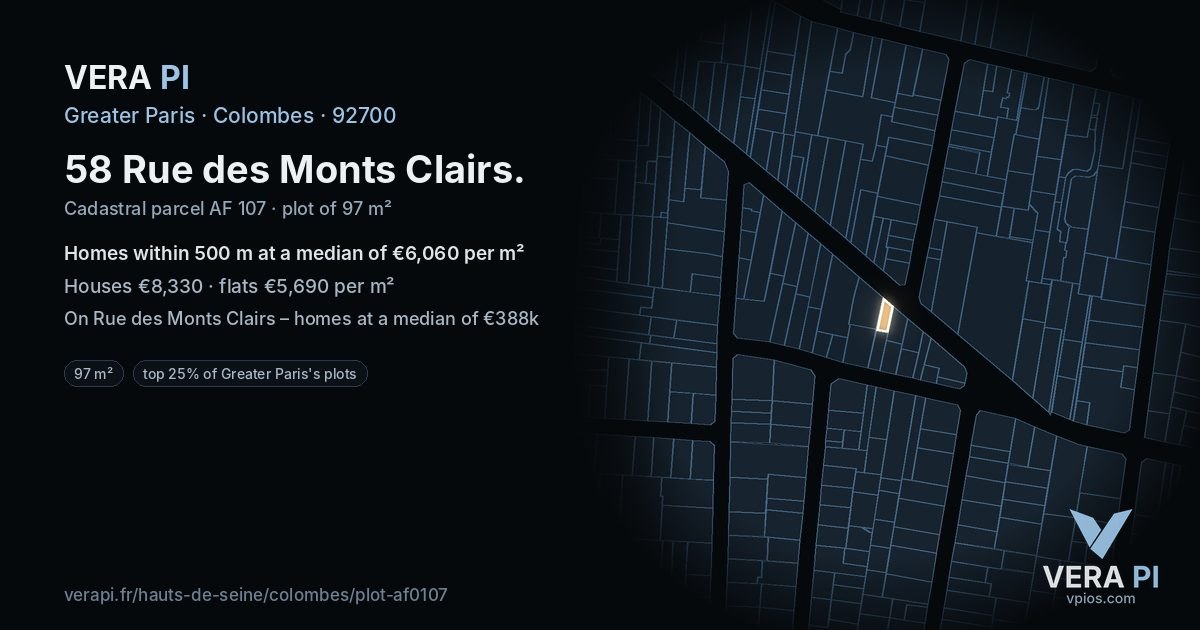 58 Rue des Monts Clairs, Colombes at night – the plot lit, the parcels around coloured by the prices near them