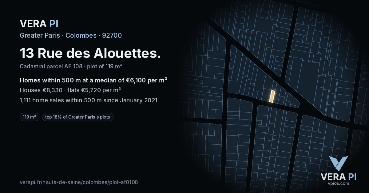 13 Rue des Alouettes, Colombes at night – the plot lit, the parcels around coloured by the prices near them