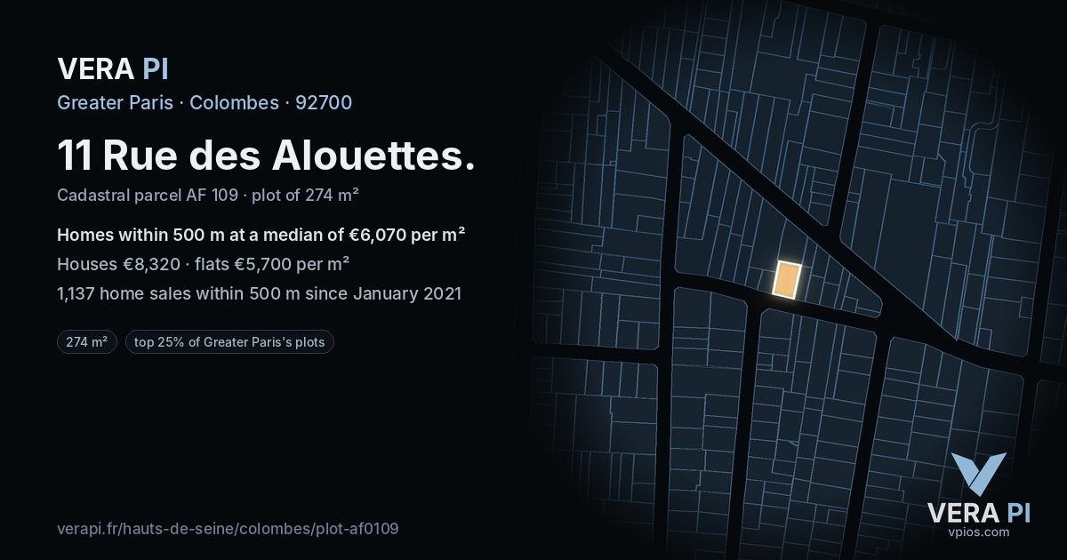 11 Rue des Alouettes, Colombes at night – the plot lit, the parcels around coloured by the prices near them