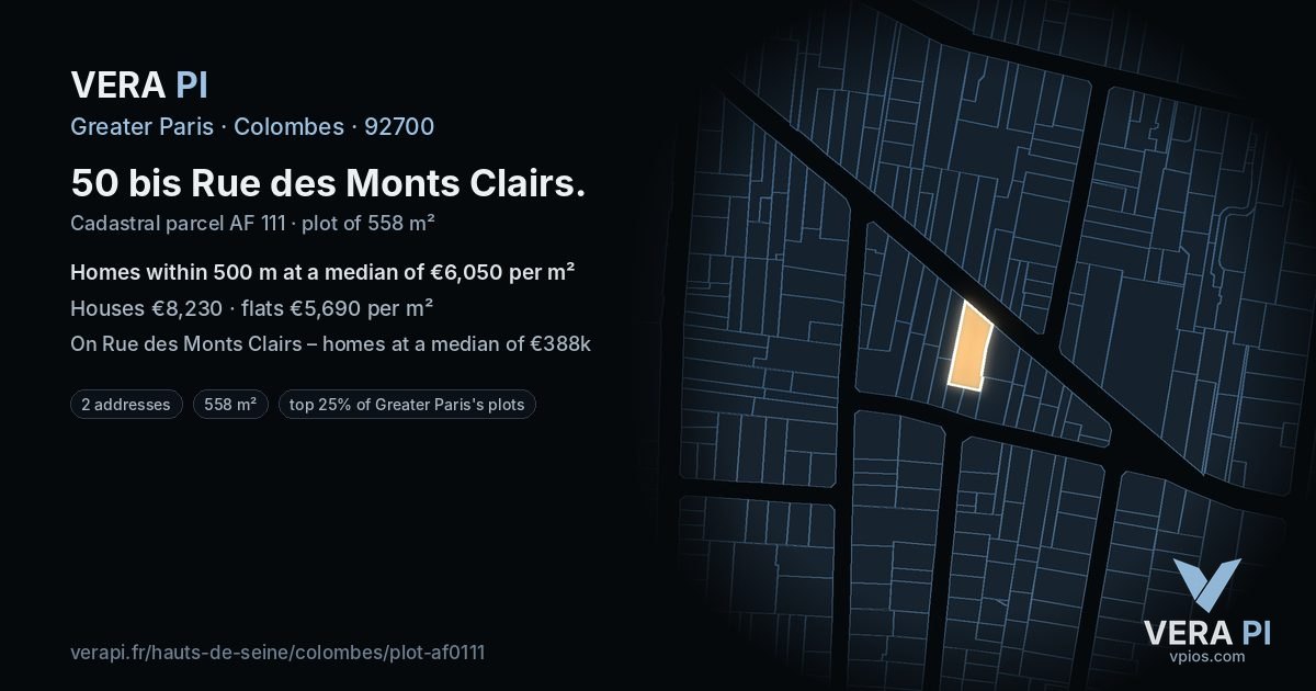 50 bis Rue des Monts Clairs, Colombes at night – the plot lit, the parcels around coloured by the prices near them