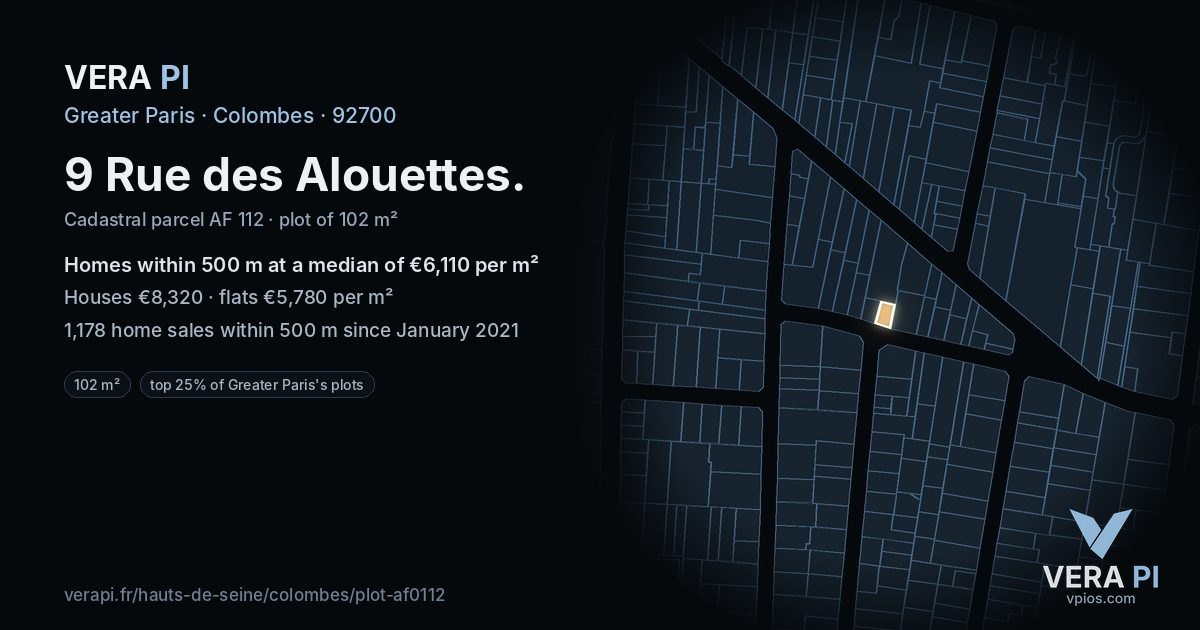 9 Rue des Alouettes, Colombes at night – the plot lit, the parcels around coloured by the prices near them