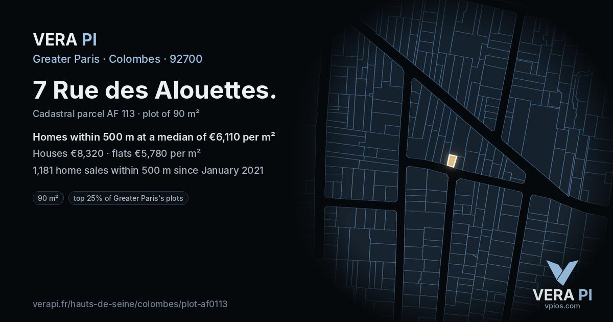 7 Rue des Alouettes, Colombes at night – the plot lit, the parcels around coloured by the prices near them