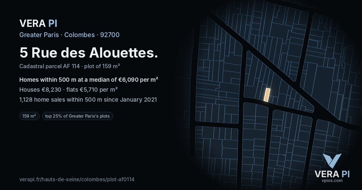 5 Rue des Alouettes, Colombes at night – the plot lit, the parcels around coloured by the prices near them