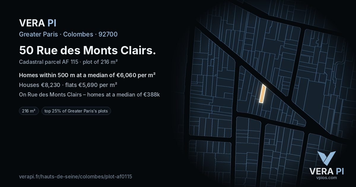 50 Rue des Monts Clairs, Colombes at night – the plot lit, the parcels around coloured by the prices near them