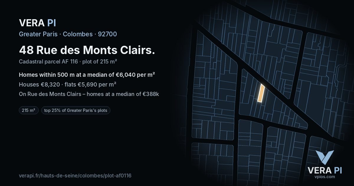 48 Rue des Monts Clairs, Colombes at night – the plot lit, the parcels around coloured by the prices near them