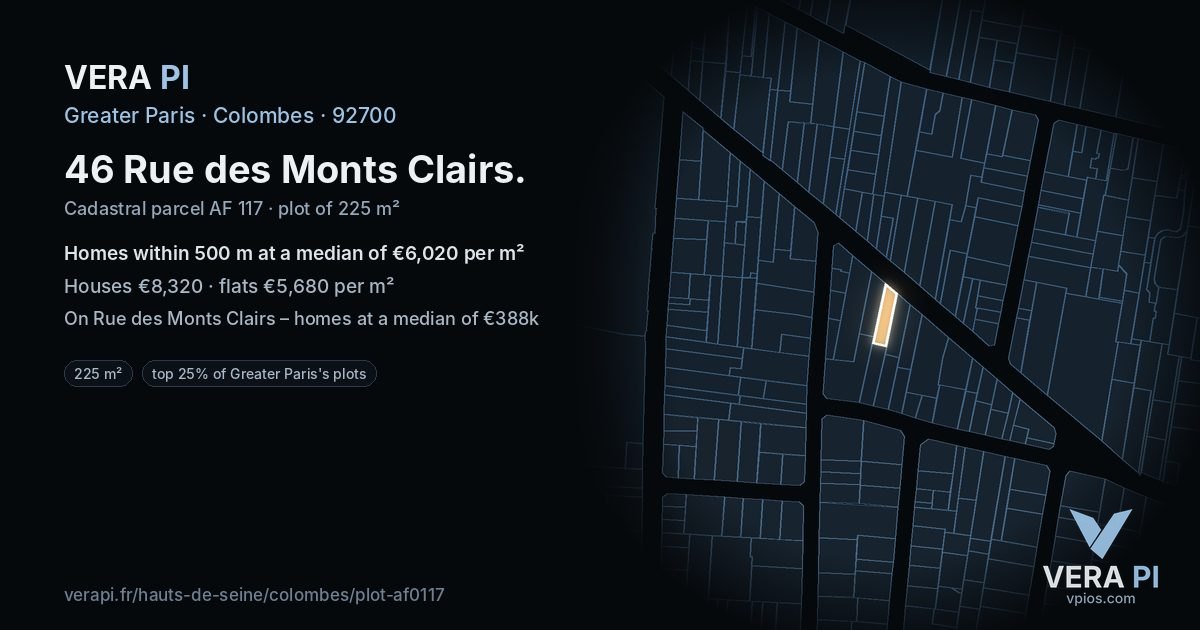 46 Rue des Monts Clairs, Colombes at night – the plot lit, the parcels around coloured by the prices near them