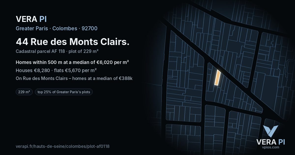 44 Rue des Monts Clairs, Colombes at night – the plot lit, the parcels around coloured by the prices near them