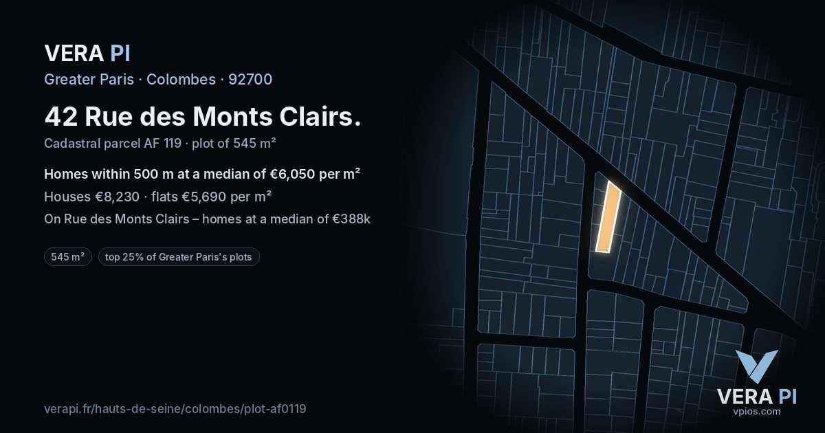 42 Rue des Monts Clairs, Colombes at night – the plot lit, the parcels around coloured by the prices near them