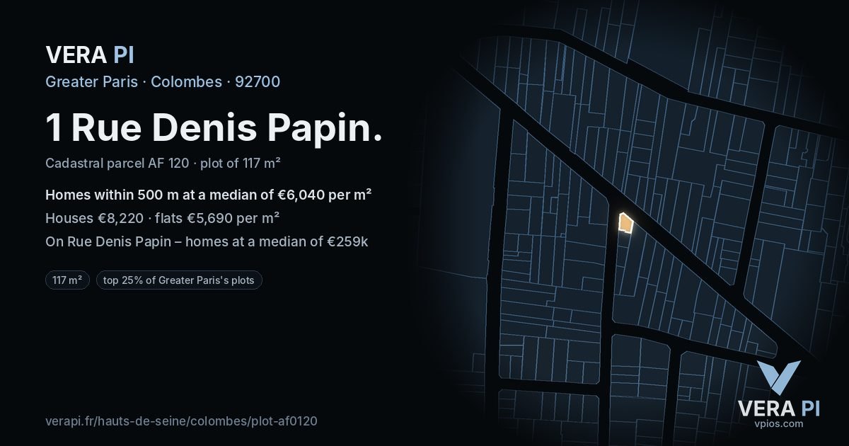 1 Rue Denis Papin, Colombes at night – the plot lit, the parcels around coloured by the prices near them
