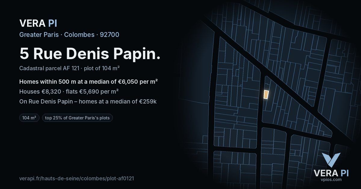5 Rue Denis Papin, Colombes at night – the plot lit, the parcels around coloured by the prices near them