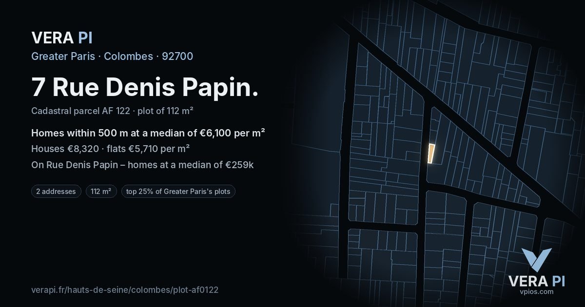7 Rue Denis Papin, Colombes at night – the plot lit, the parcels around coloured by the prices near them