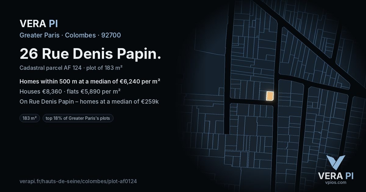 26 Rue Denis Papin, Colombes at night – the plot lit, the parcels around coloured by the prices near them