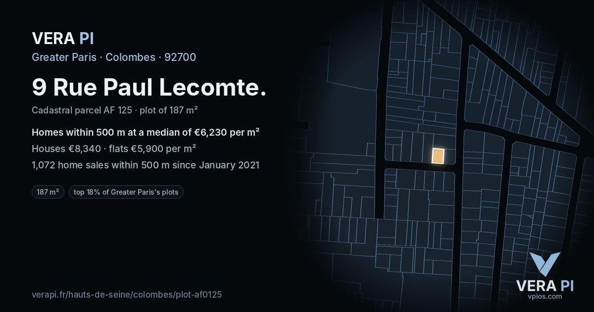 9 Rue Paul Lecomte, Colombes at night – the plot lit, the parcels around coloured by the prices near them