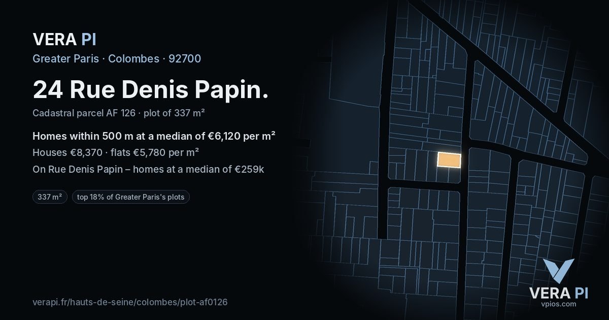 24 Rue Denis Papin, Colombes at night – the plot lit, the parcels around coloured by the prices near them