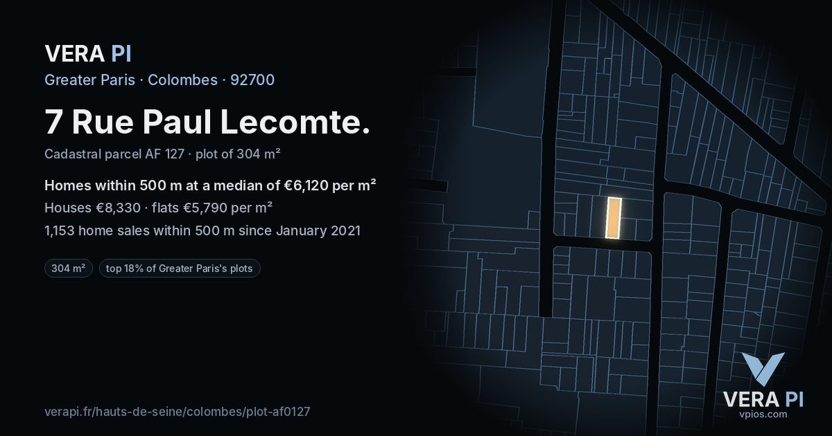 7 Rue Paul Lecomte, Colombes at night – the plot lit, the parcels around coloured by the prices near them