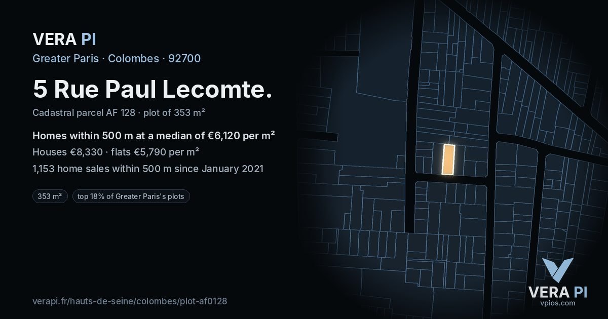 5 Rue Paul Lecomte, Colombes at night – the plot lit, the parcels around coloured by the prices near them