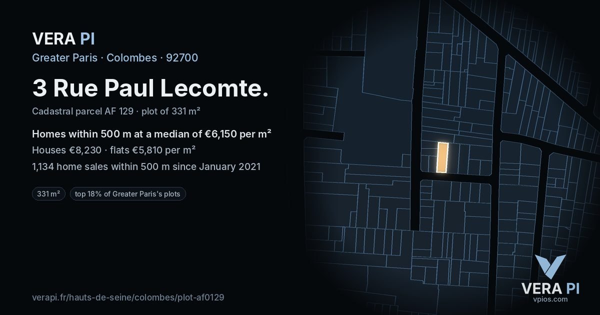 3 Rue Paul Lecomte, Colombes at night – the plot lit, the parcels around coloured by the prices near them