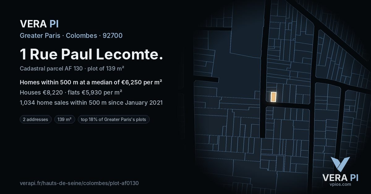 1 Rue Paul Lecomte, Colombes at night – the plot lit, the parcels around coloured by the prices near them