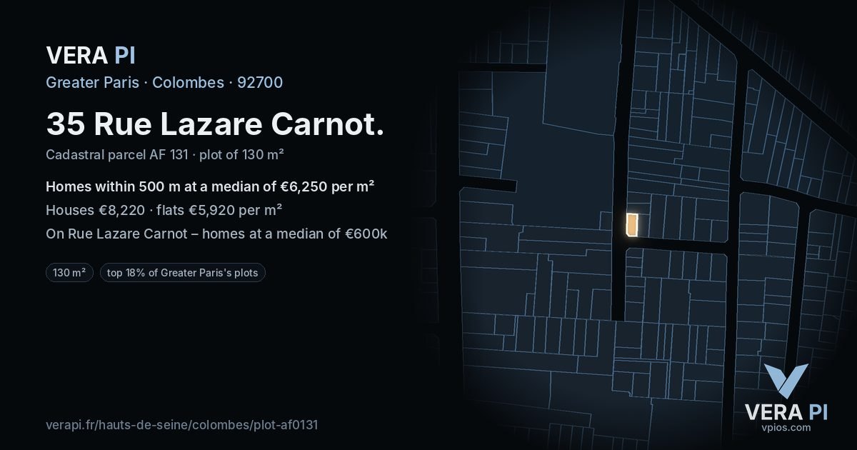 35 Rue Lazare Carnot, Colombes at night – the plot lit, the parcels around coloured by the prices near them
