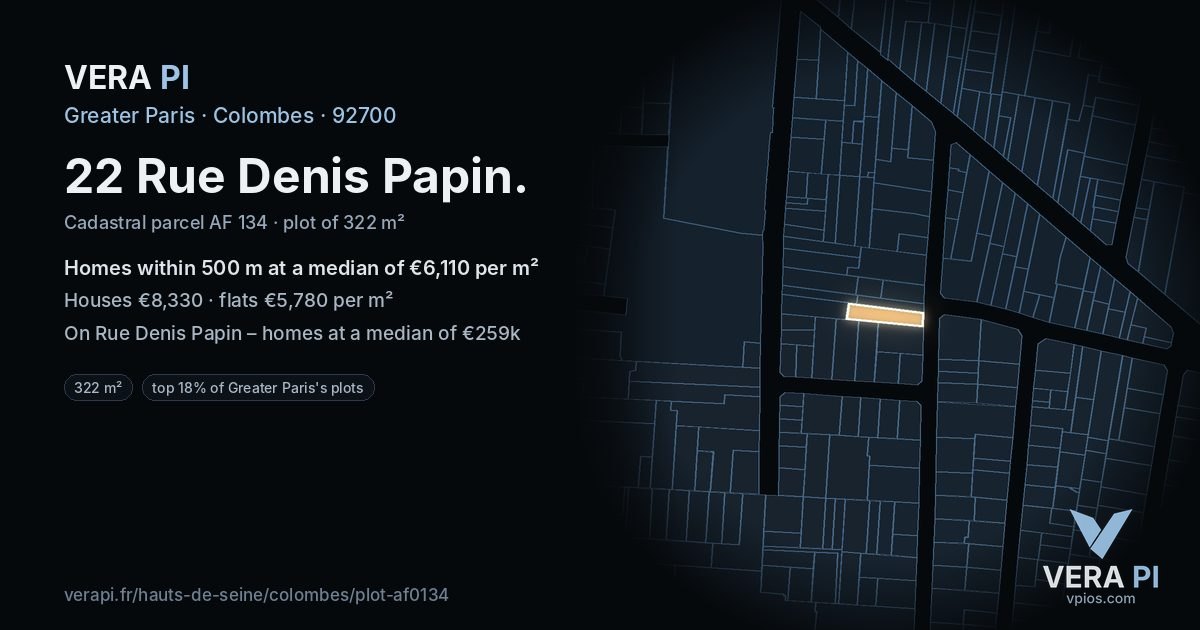 22 Rue Denis Papin, Colombes at night – the plot lit, the parcels around coloured by the prices near them