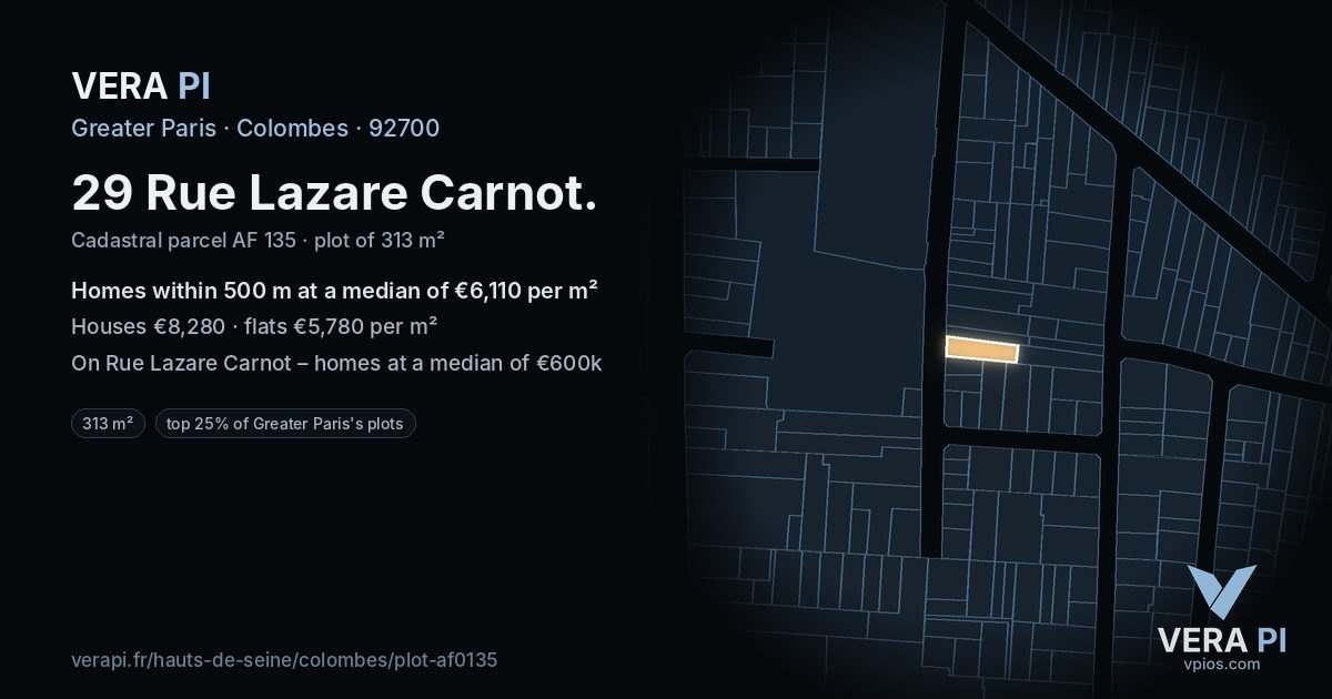 29 Rue Lazare Carnot, Colombes at night – the plot lit, the parcels around coloured by the prices near them