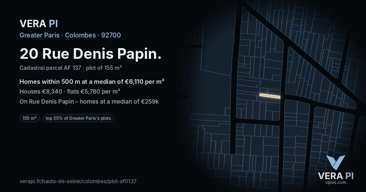 20 Rue Denis Papin, Colombes at night – the plot lit, the parcels around coloured by the prices near them