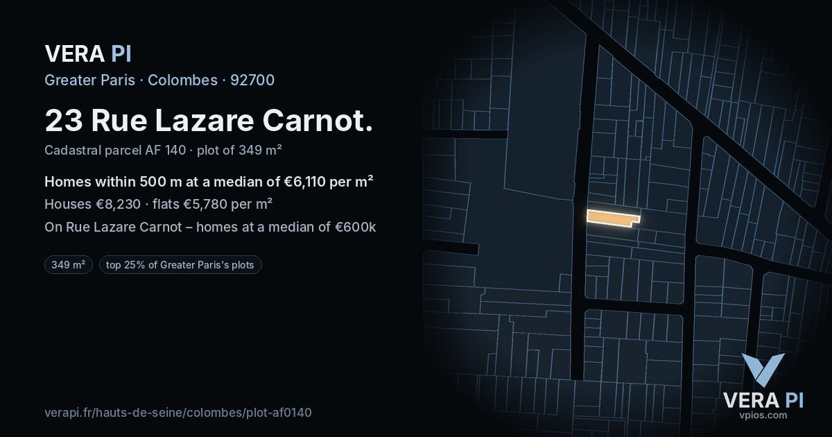 23 Rue Lazare Carnot, Colombes at night – the plot lit, the parcels around coloured by the prices near them
