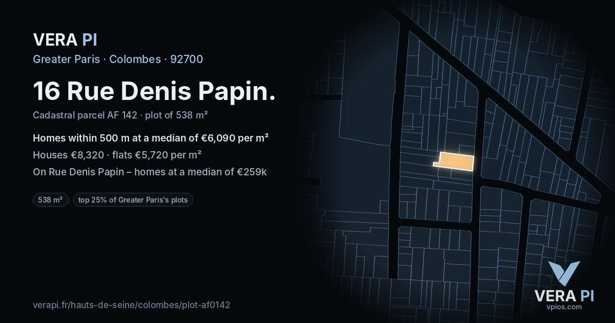 16 Rue Denis Papin, Colombes at night – the plot lit, the parcels around coloured by the prices near them