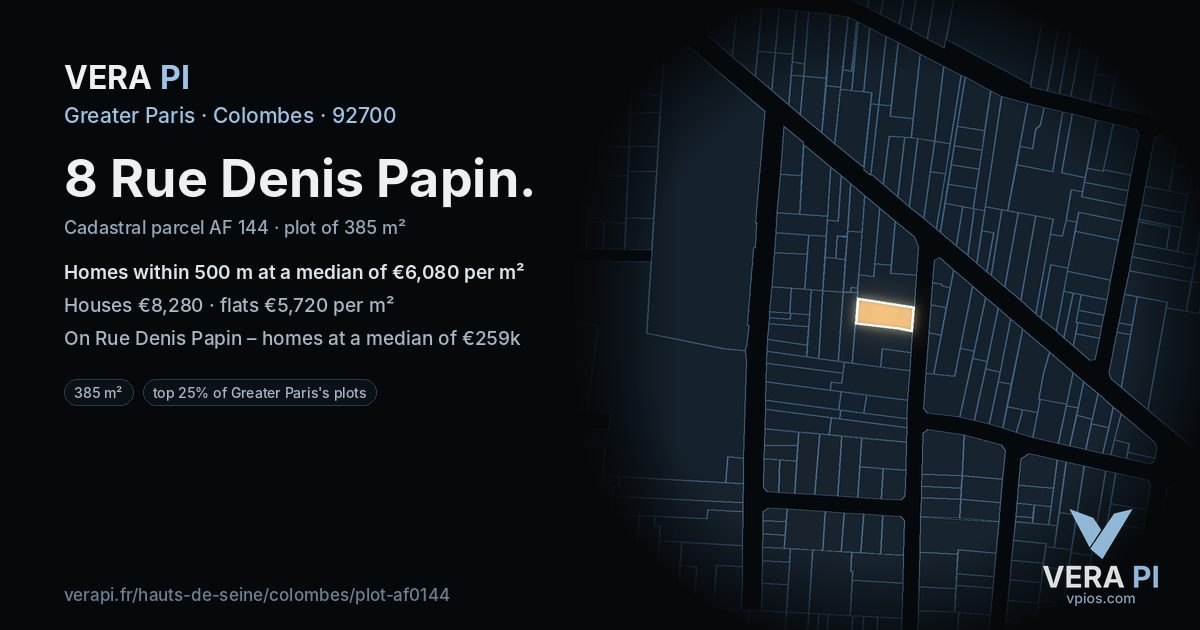 8 Rue Denis Papin, Colombes at night – the plot lit, the parcels around coloured by the prices near them