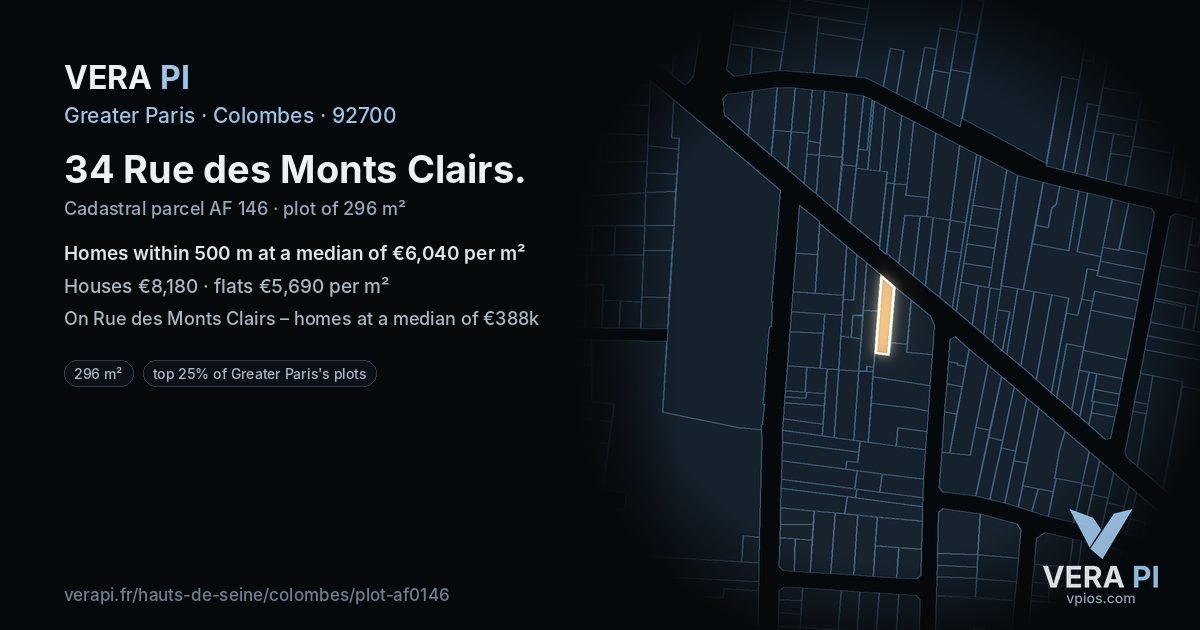 34 Rue des Monts Clairs, Colombes at night – the plot lit, the parcels around coloured by the prices near them