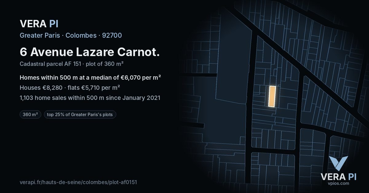 6 Avenue Lazare Carnot, Colombes at night – the plot lit, the parcels around coloured by the prices near them