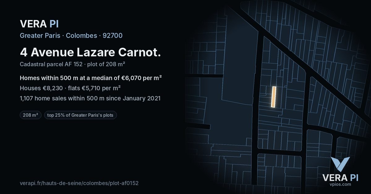 4 Avenue Lazare Carnot, Colombes at night – the plot lit, the parcels around coloured by the prices near them