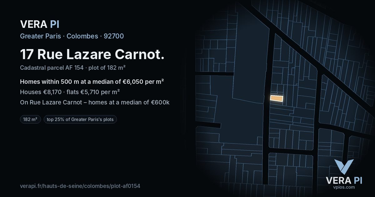 17 Rue Lazare Carnot, Colombes at night – the plot lit, the parcels around coloured by the prices near them
