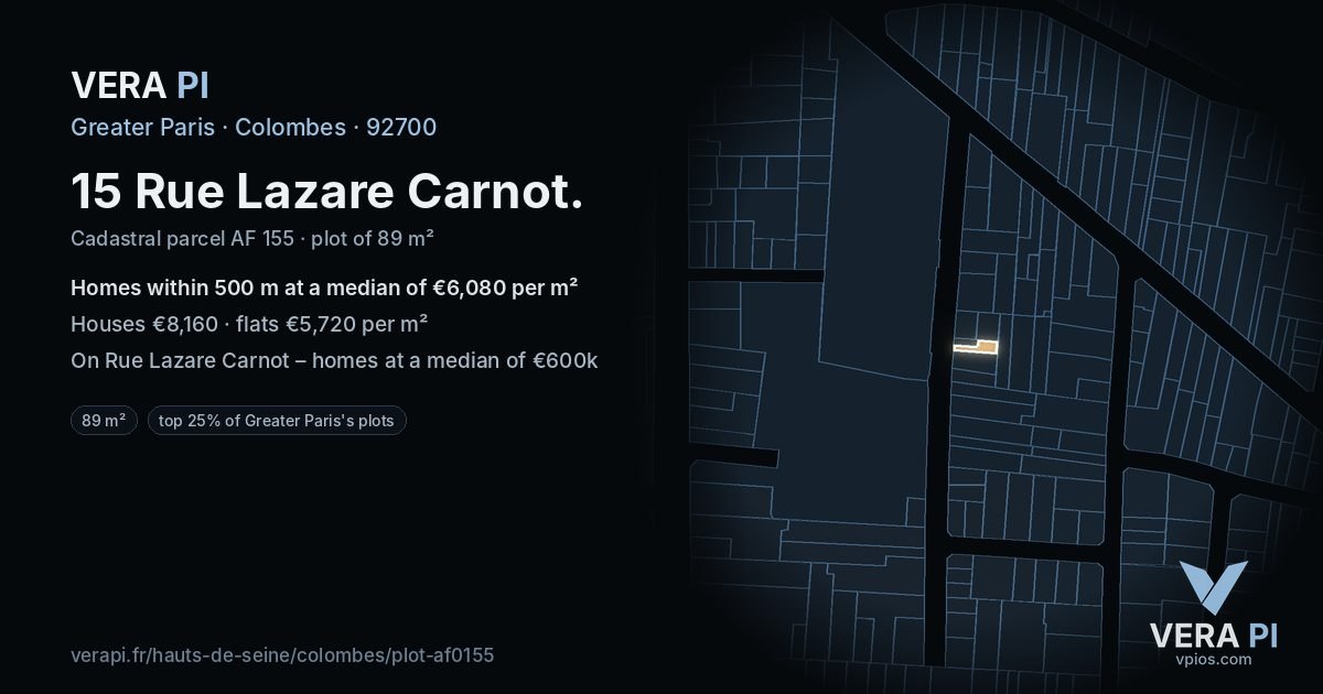 15 Rue Lazare Carnot, Colombes at night – the plot lit, the parcels around coloured by the prices near them